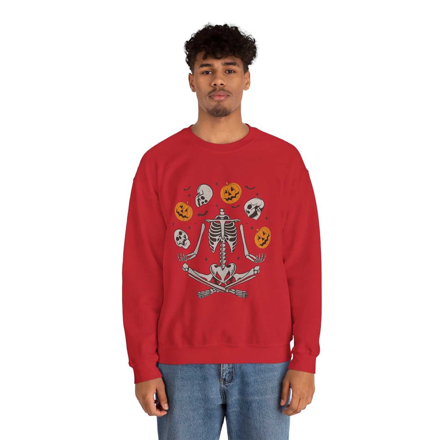 Halloween Skeleton Yoga Sweatshirt, Cute Autumn Apparel, Spooky Season Outfit, Unisex Cozy Crewneck, Gift for Halloween Lovers