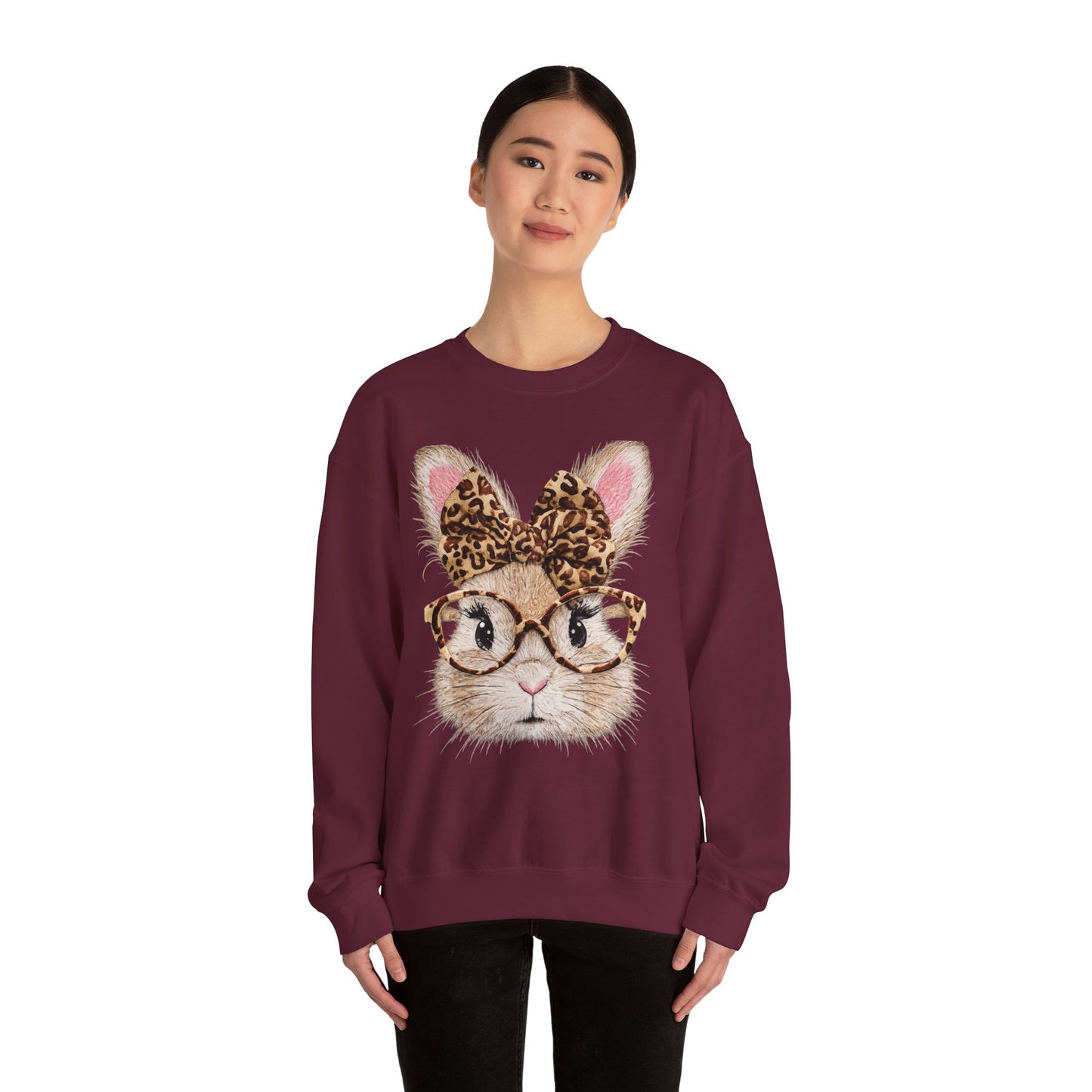 Bunny with Leopard Bow Sweatshirt – Cute Bunny Face with Glasses Graphic Crewneck
