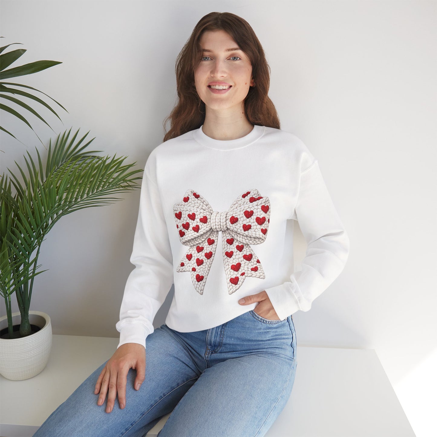 Crewneck Sweatshirt — Knit Heart Bow Graphic (Valentine’s Day, Cute Cozy Pullover)