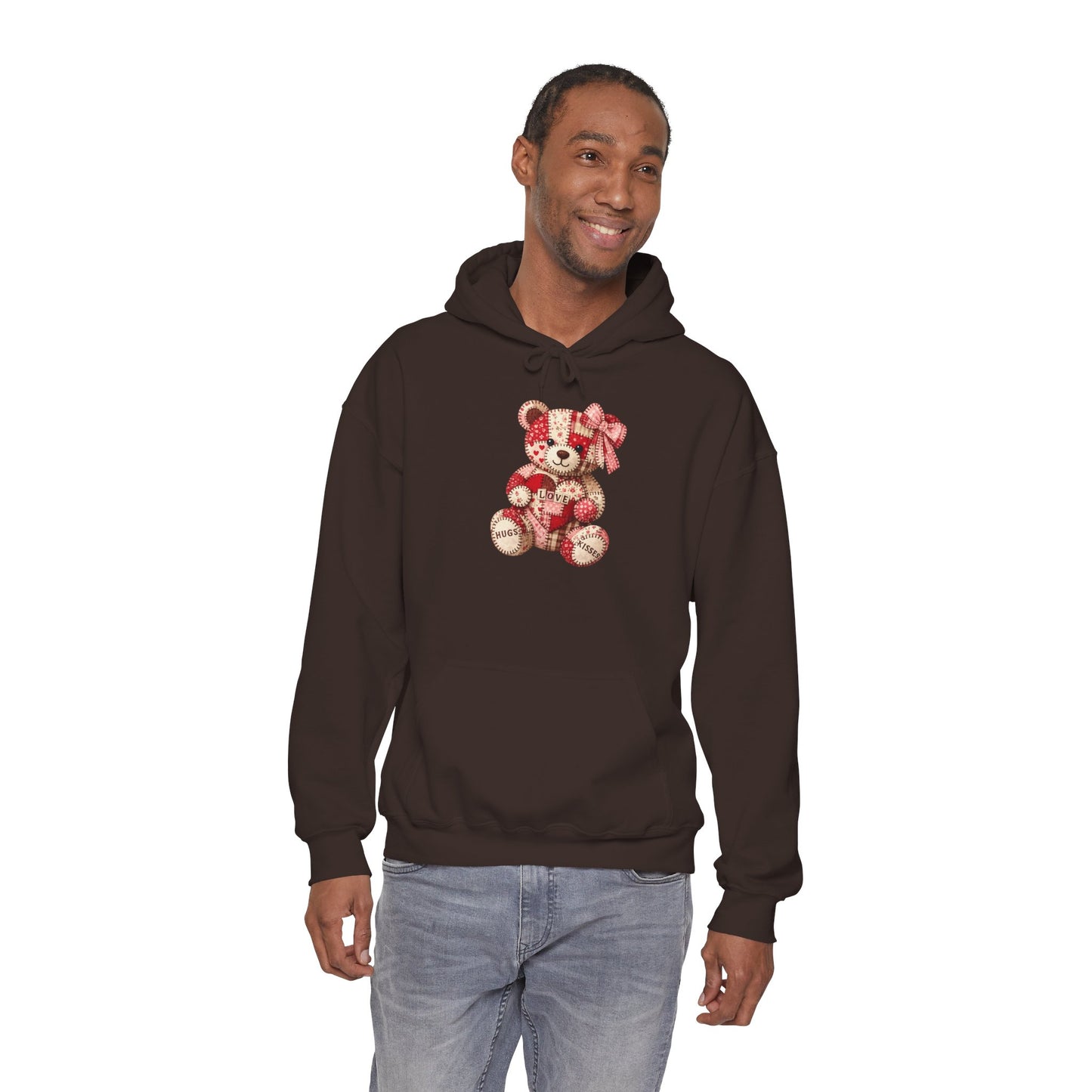 Teddy Bear Hoodie — Vintage Patchwork Bear Design with Bow