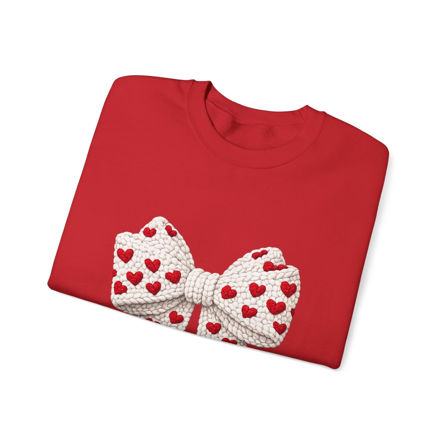 Crewneck Sweatshirt — Knit Heart Bow Graphic (Valentine’s Day, Cute Cozy Pullover)