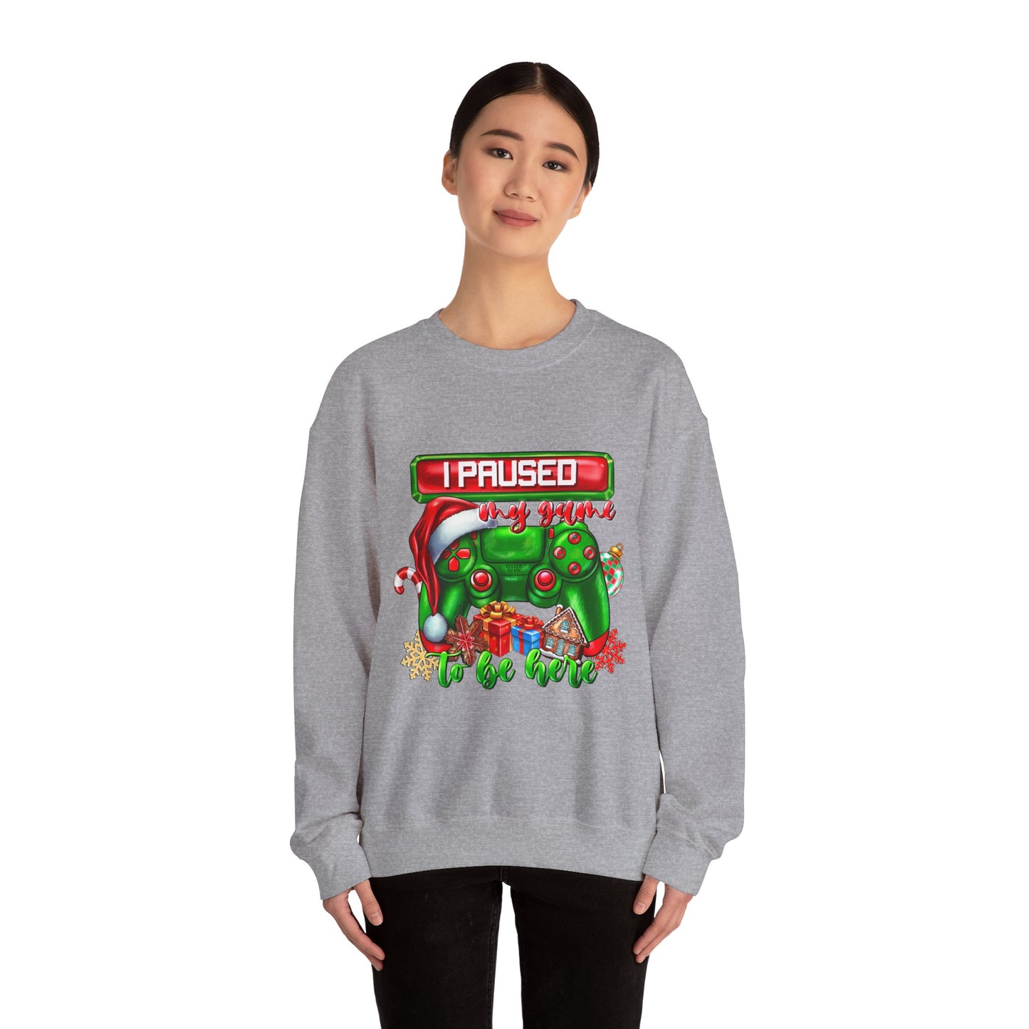 Gaming Christmas Sweatshirt — "I Paused My Game to Be Here" Controller Holiday Crewneck