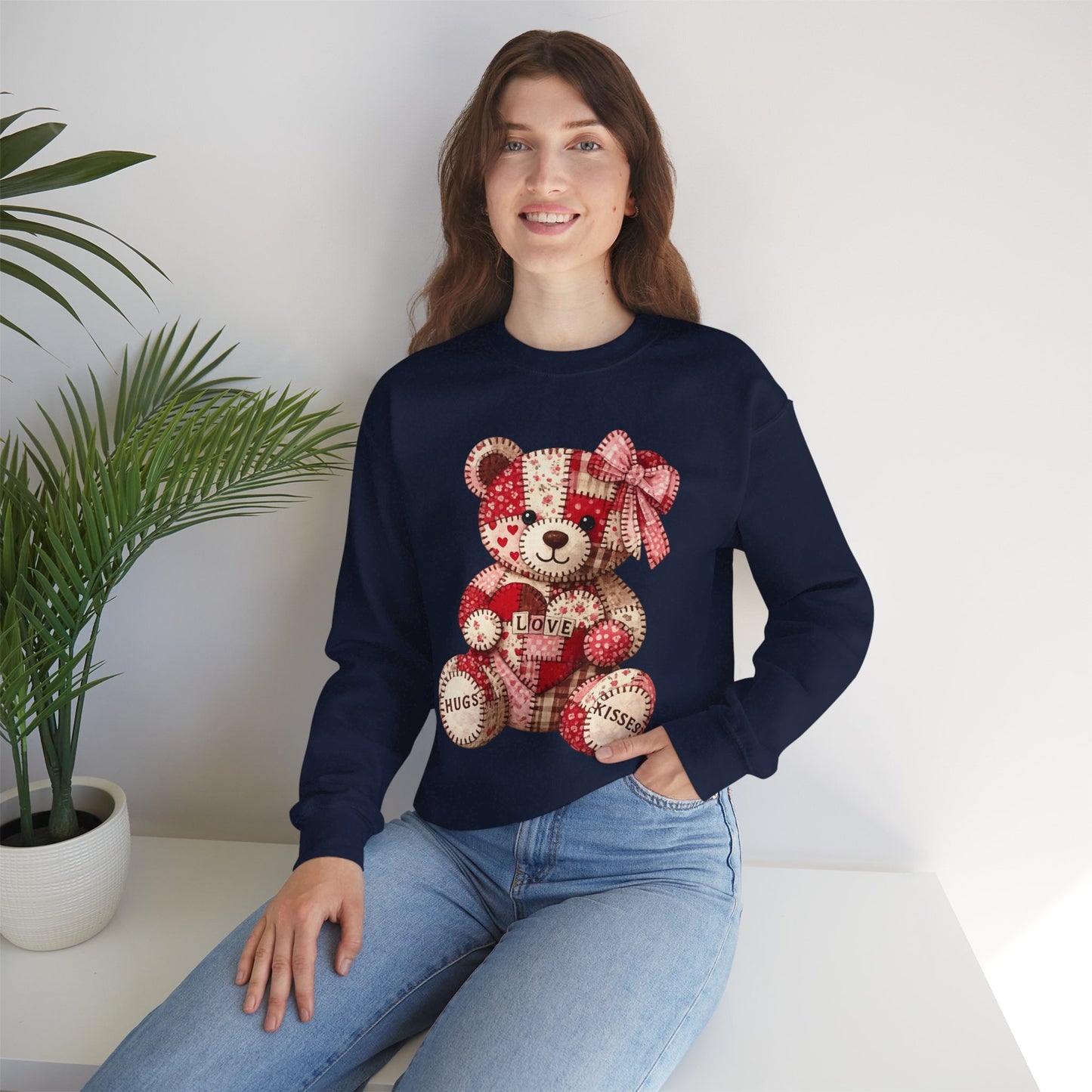 Valentine Patchwork Teddy Sweatshirt — 'Love' Hugs & Kisses Crewneck