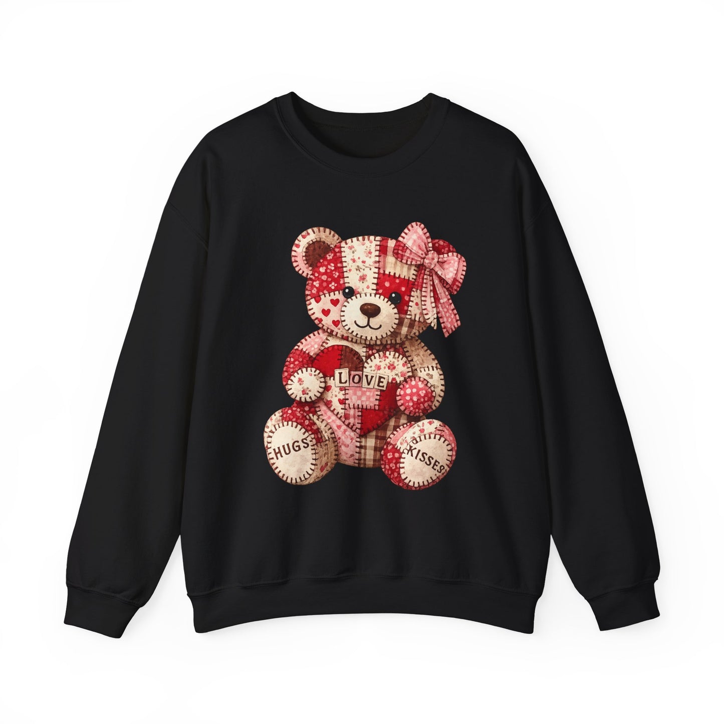 Valentine Patchwork Teddy Sweatshirt — 'Love' Hugs & Kisses Crewneck