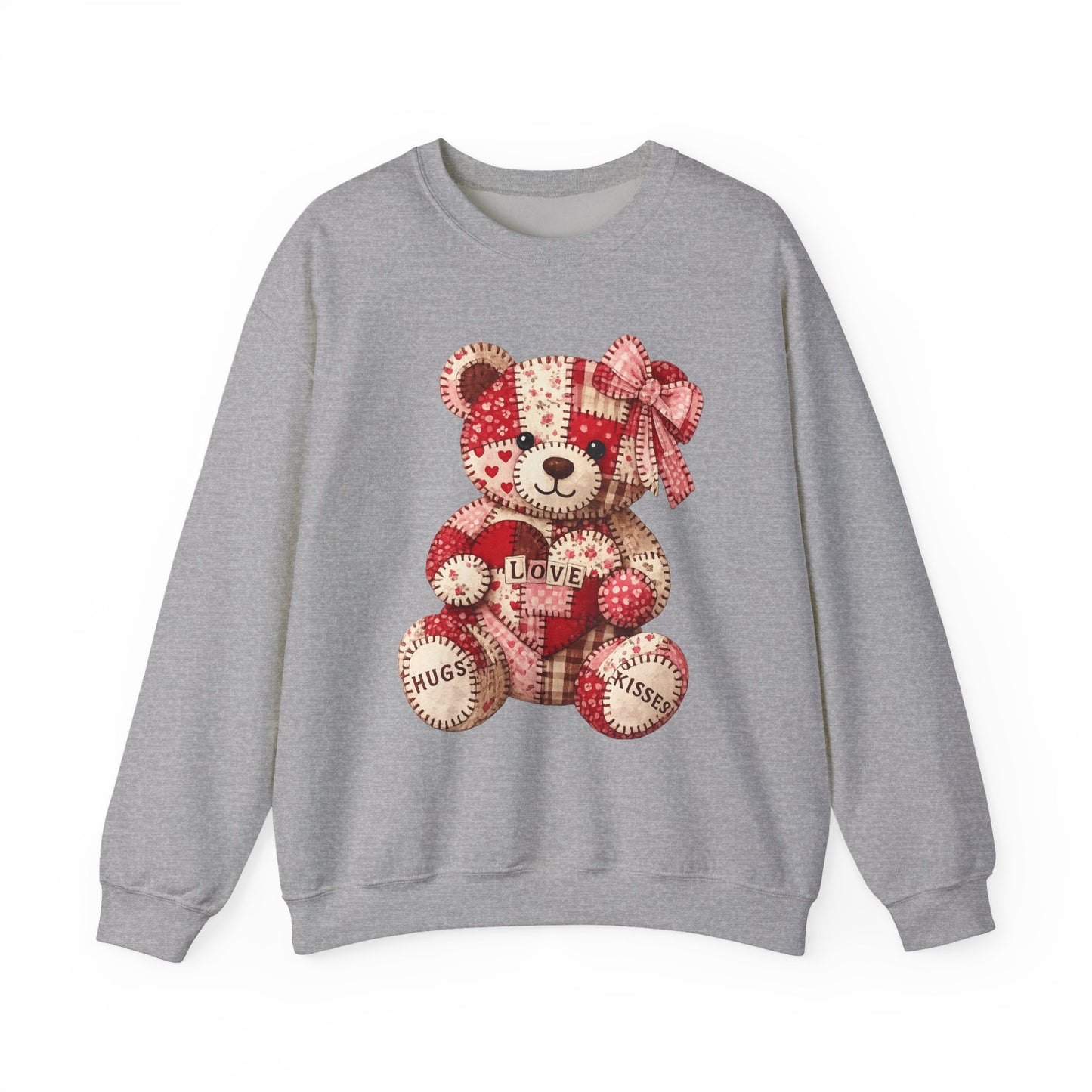 Valentine Patchwork Teddy Sweatshirt — 'Love' Hugs & Kisses Crewneck