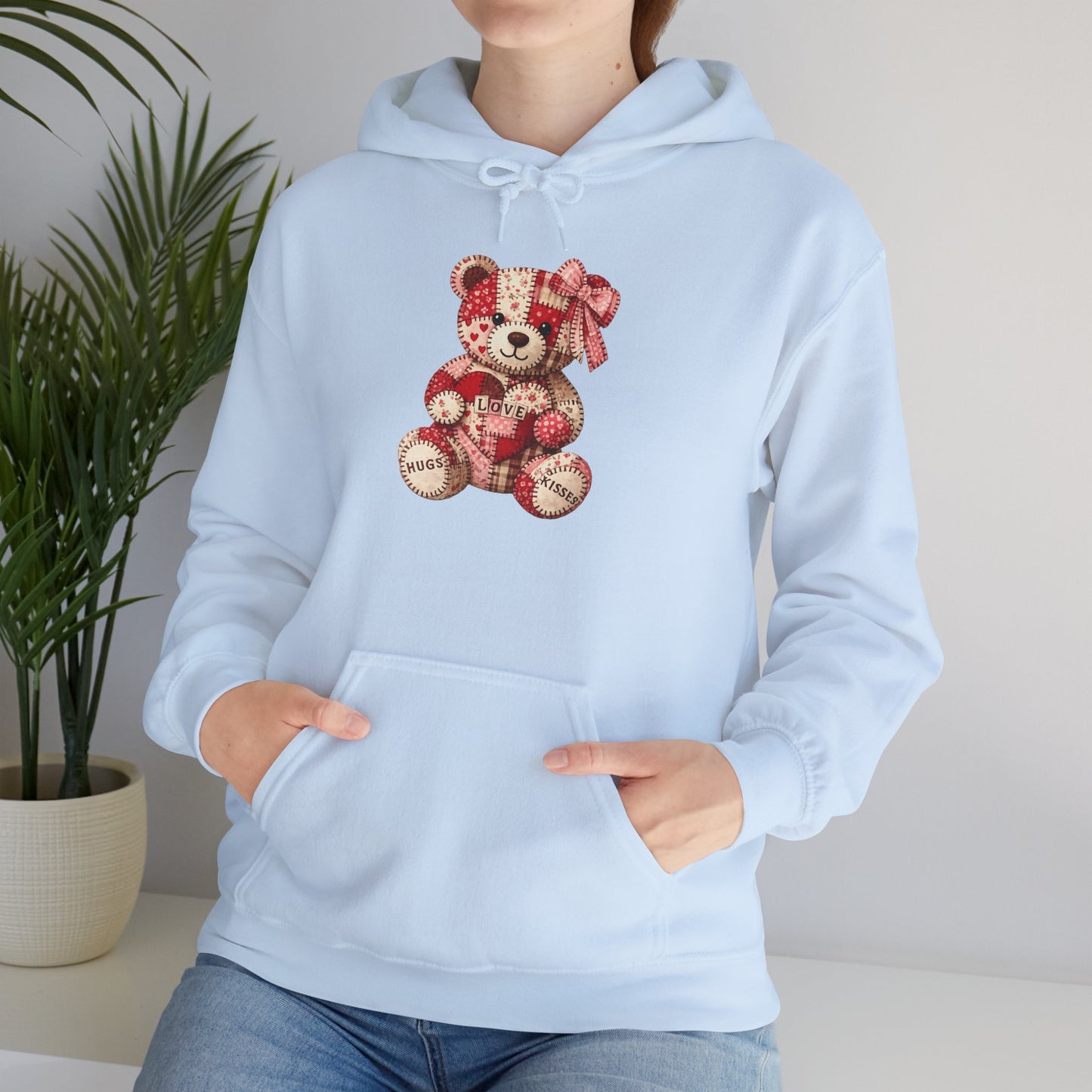 Teddy Bear Hoodie — Vintage Patchwork Bear Design with Bow