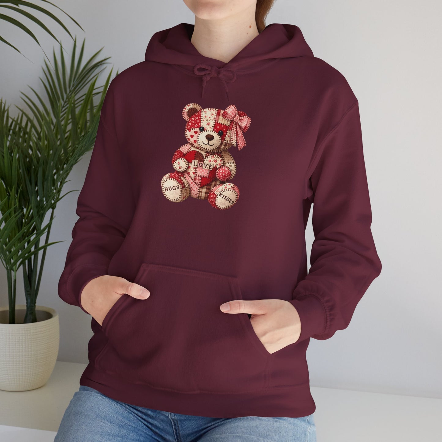 Teddy Bear Hoodie — Vintage Patchwork Bear Design with Bow