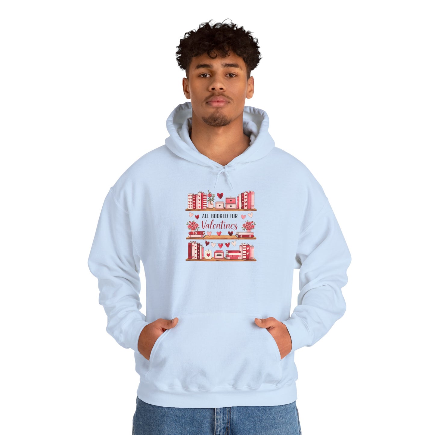 Valentine’s Day Cozy Hoodie – “All Booked for Valentine’s” Cute Bookshop Graphic