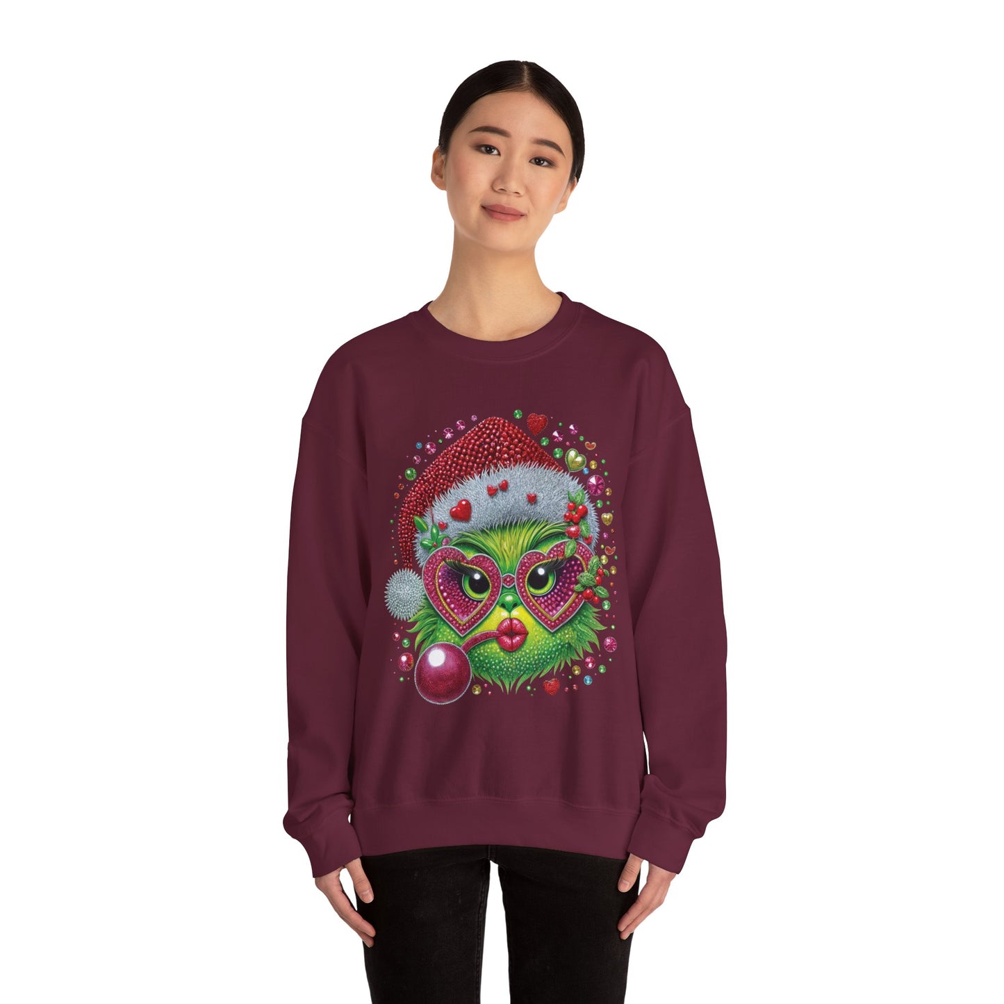 Christmas Grinch Cat Sweatshirt — Festive Santa Hat & Heart Sunglasses Holiday Crewneck