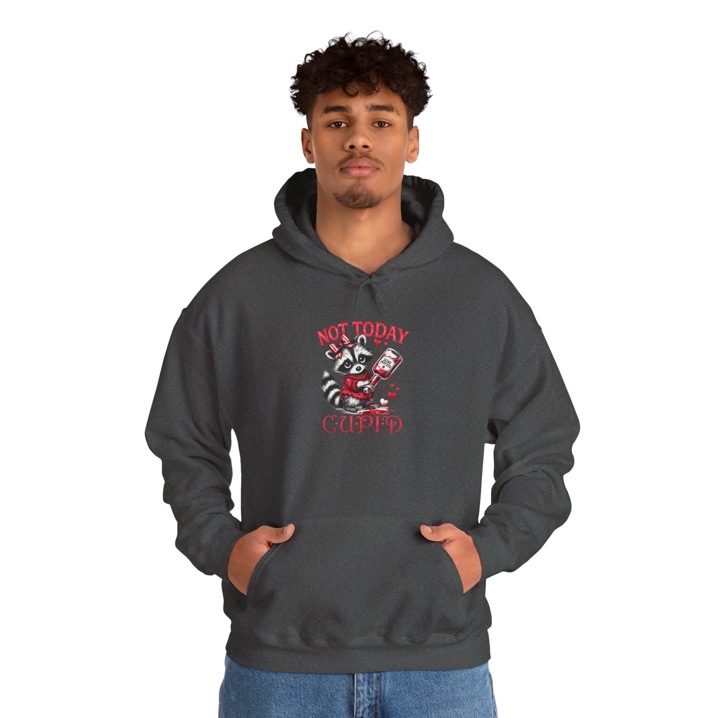 Not Today Cupido Raccoon Hoodie — Funny Valentine Anti-Love Sweatshirt
