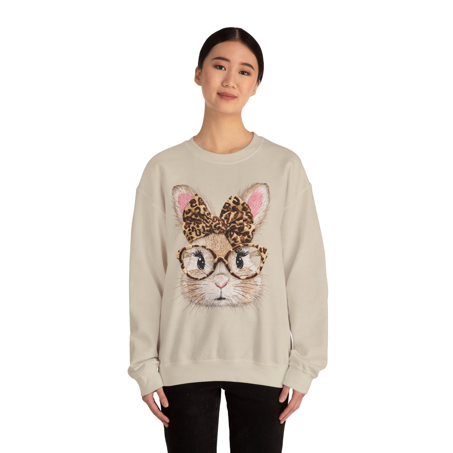 Bunny with Leopard Bow Sweatshirt – Cute Bunny Face with Glasses Graphic Crewneck