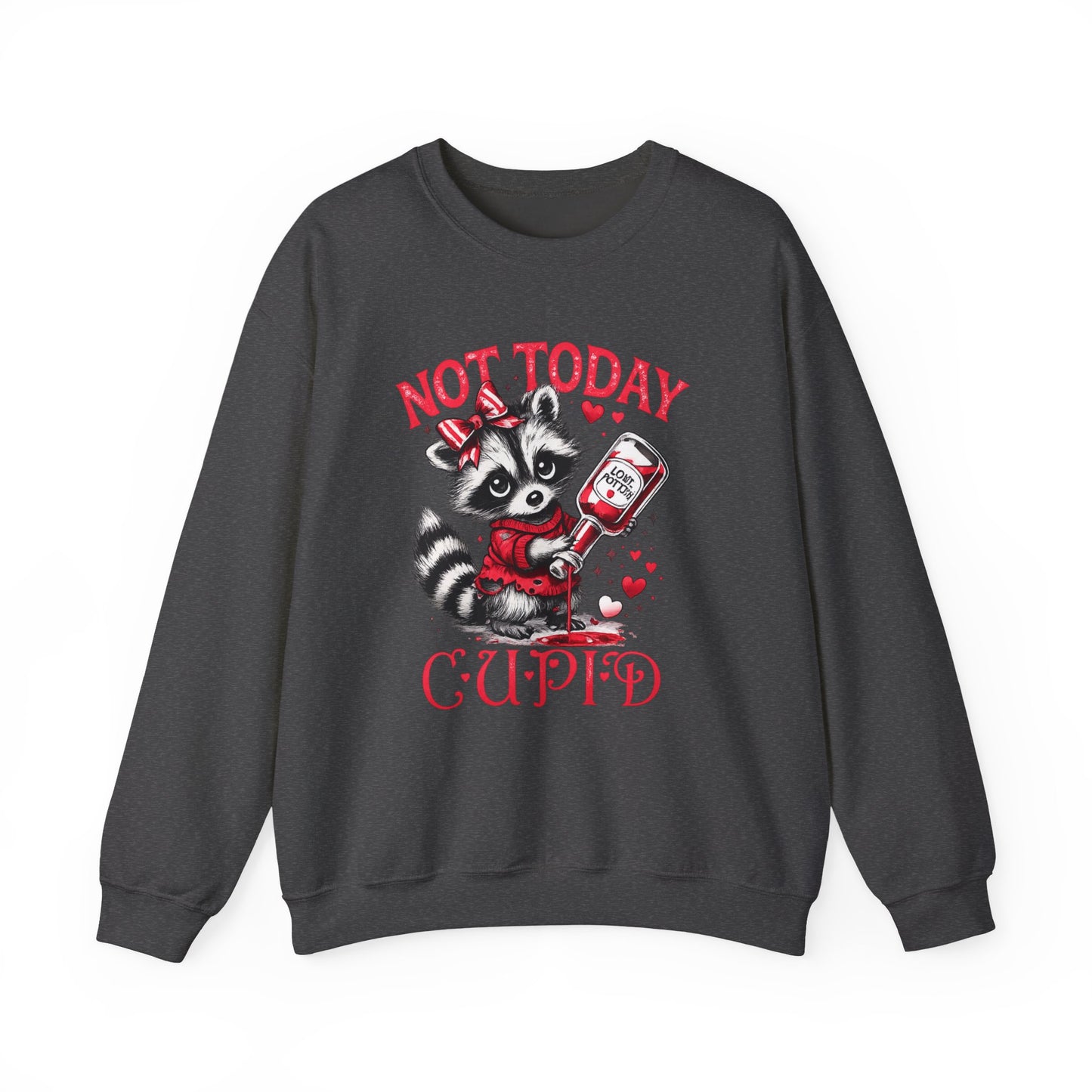 Not Today Cupid Sweatshirt — Cute Raccoon Anti-Valentine Crewneck
