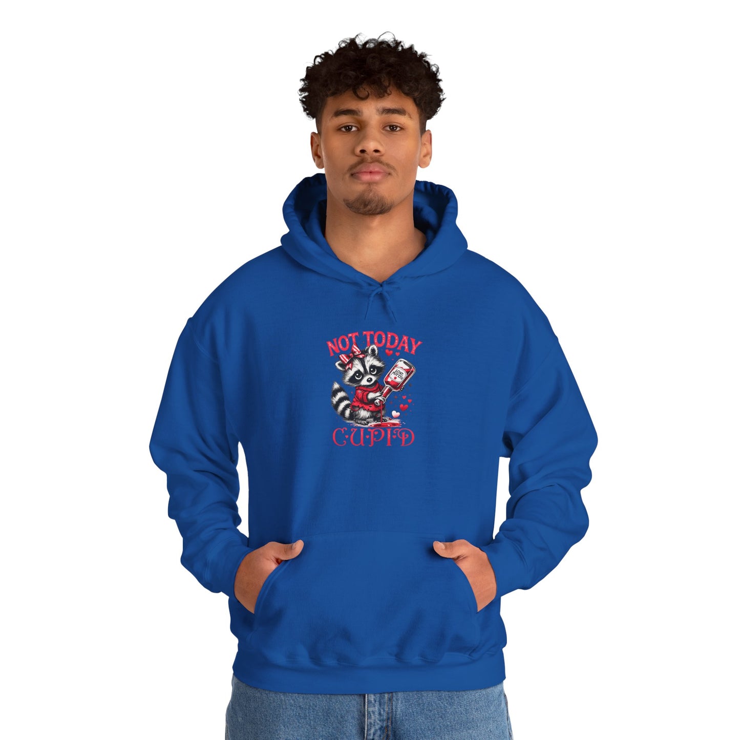 Not Today Cupido Raccoon Hoodie — Funny Valentine Anti-Love Sweatshirt