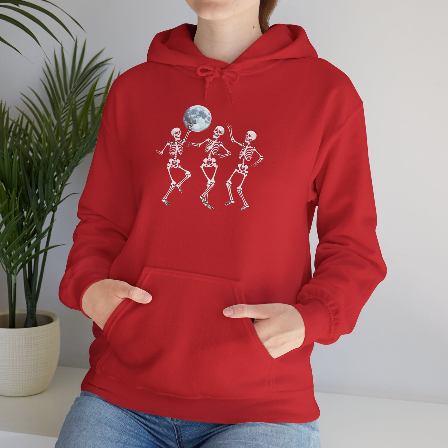 Spooky Friends Skeleton Dance Hoodie, Halloween Vibrant Artistic hoodie, Unisex Skeleton Warm Hoodie, Casual Halloween Apparel, Spooky Season Fashion