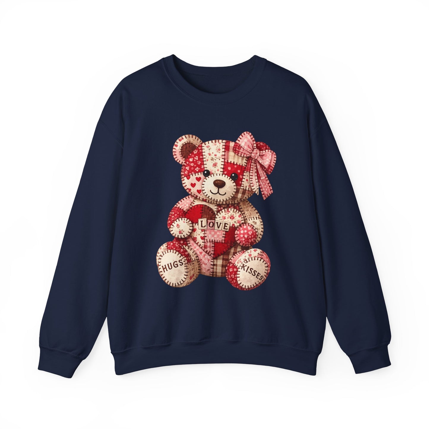 Valentine Patchwork Teddy Sweatshirt — 'Love' Hugs & Kisses Crewneck