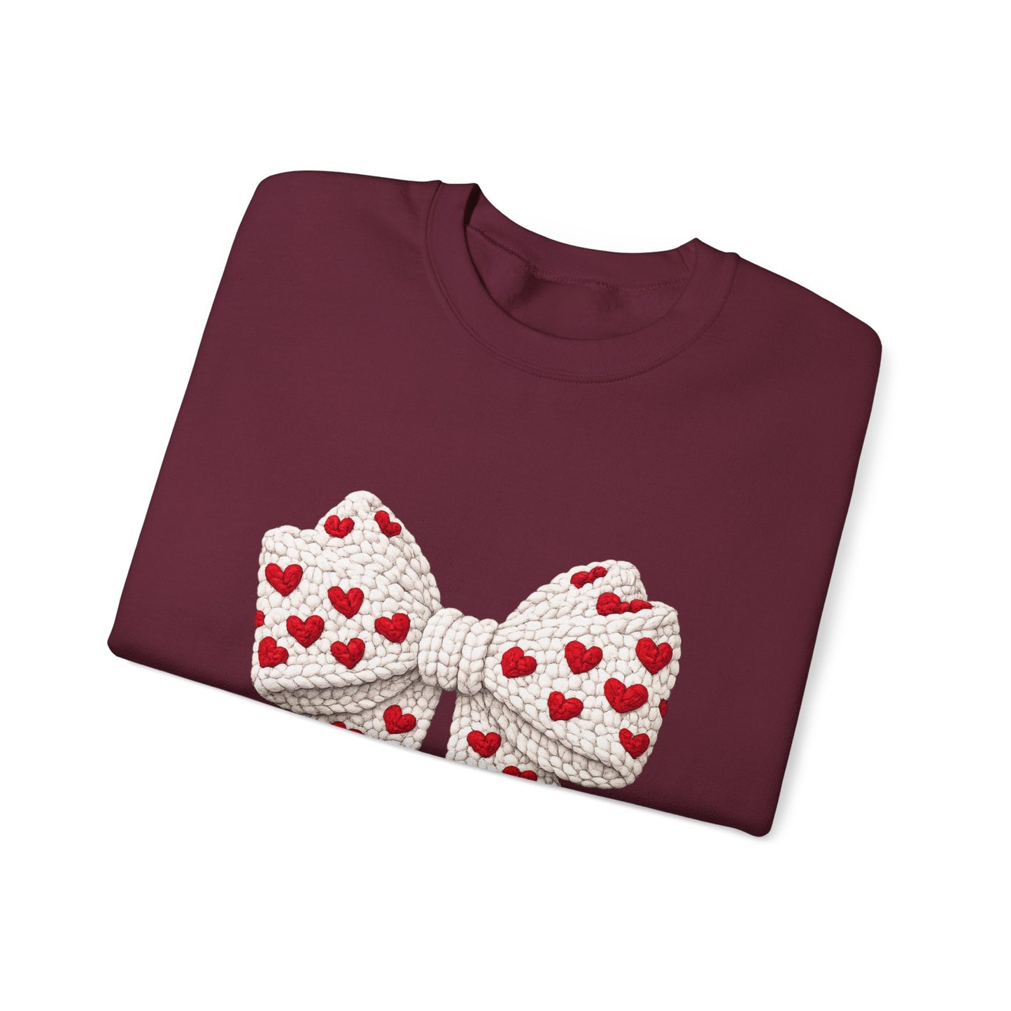 Crewneck Sweatshirt — Knit Heart Bow Graphic (Valentine’s Day, Cute Cozy Pullover)