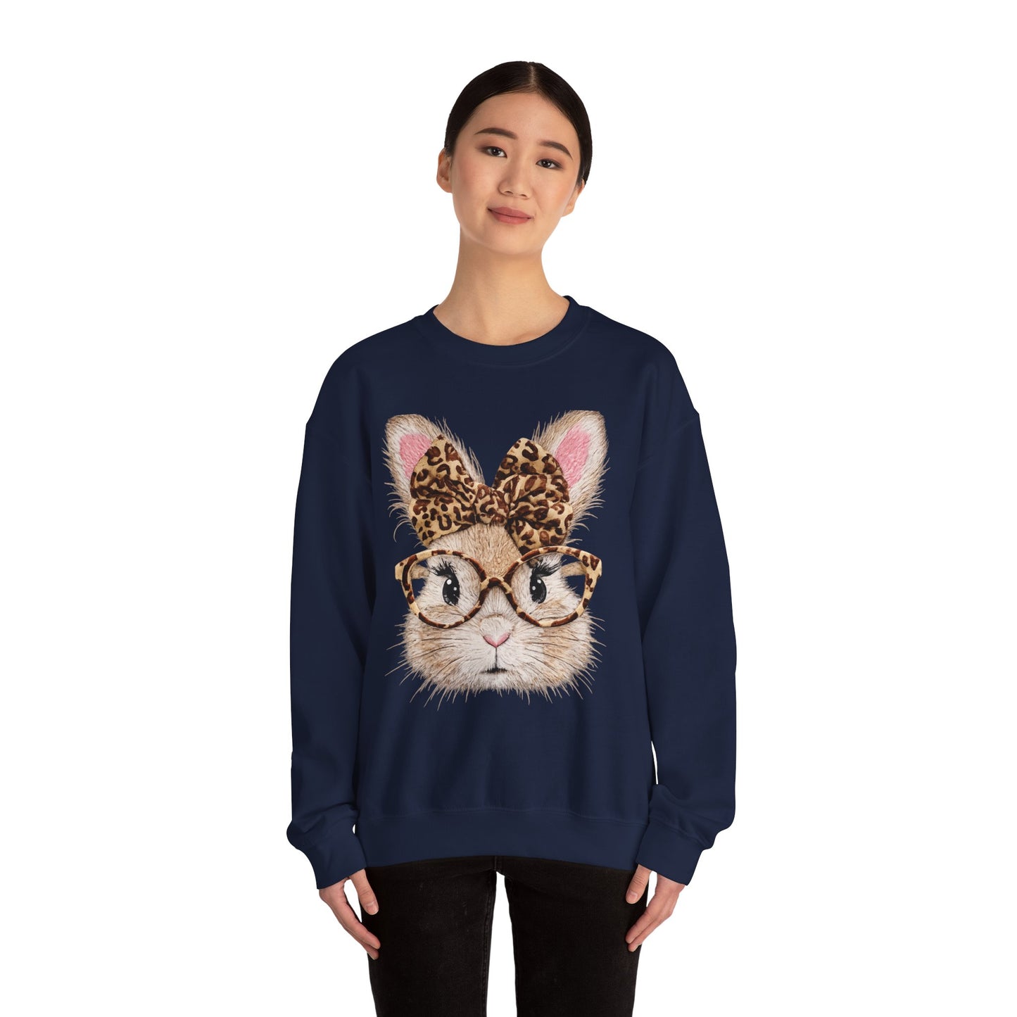 Bunny with Leopard Bow Sweatshirt – Cute Bunny Face with Glasses Graphic Crewneck