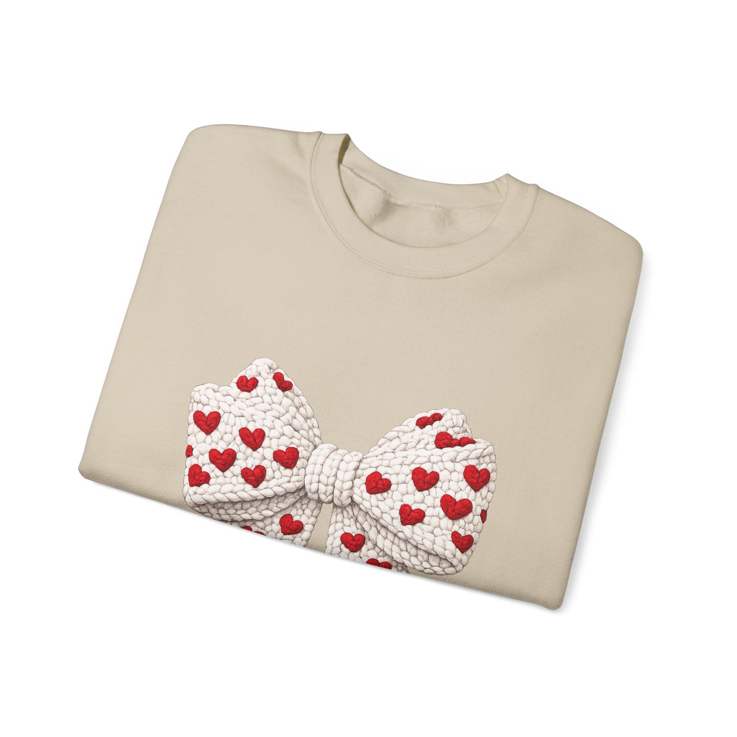 Crewneck Sweatshirt — Knit Heart Bow Graphic (Valentine’s Day, Cute Cozy Pullover)