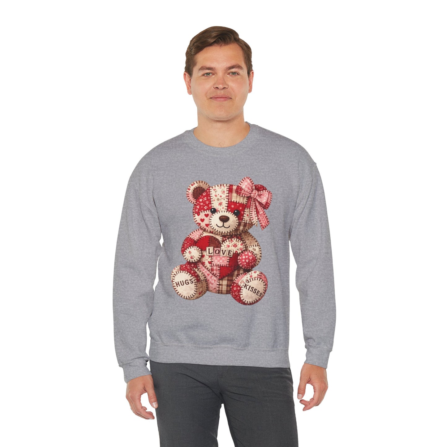 Valentine Patchwork Teddy Sweatshirt — 'Love' Hugs & Kisses Crewneck
