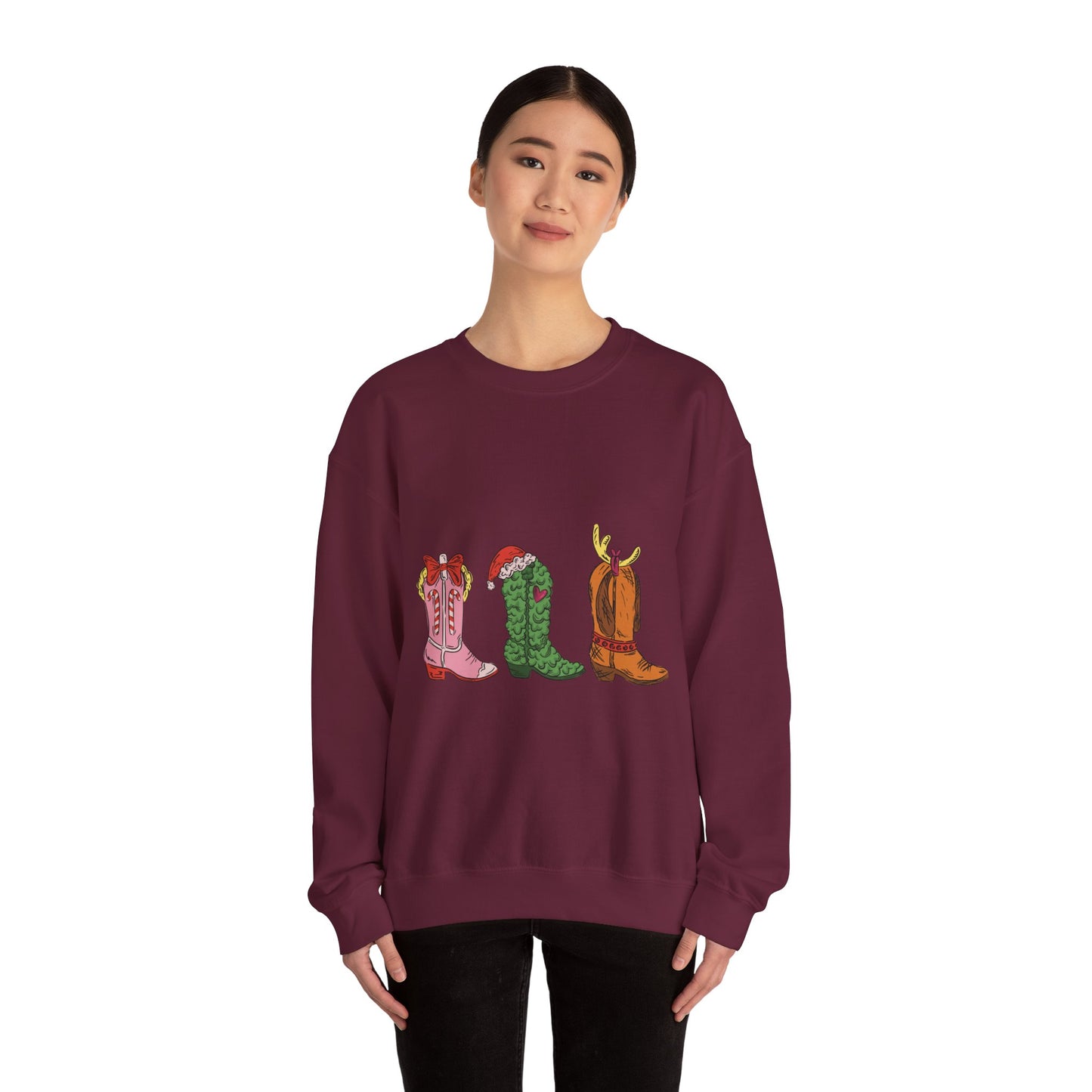 Christmas Cowboy Boots Crewneck Sweatshirt — Festive Western Holiday Sweatshirt
