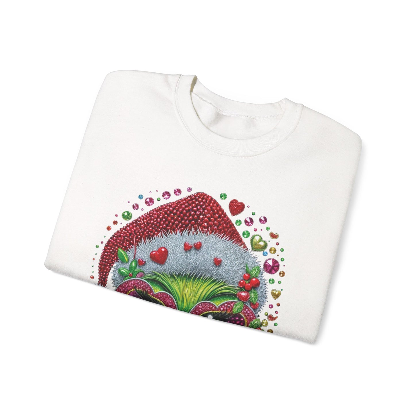 Christmas Grinch Cat Sweatshirt — Festive Santa Hat & Heart Sunglasses Holiday Crewneck