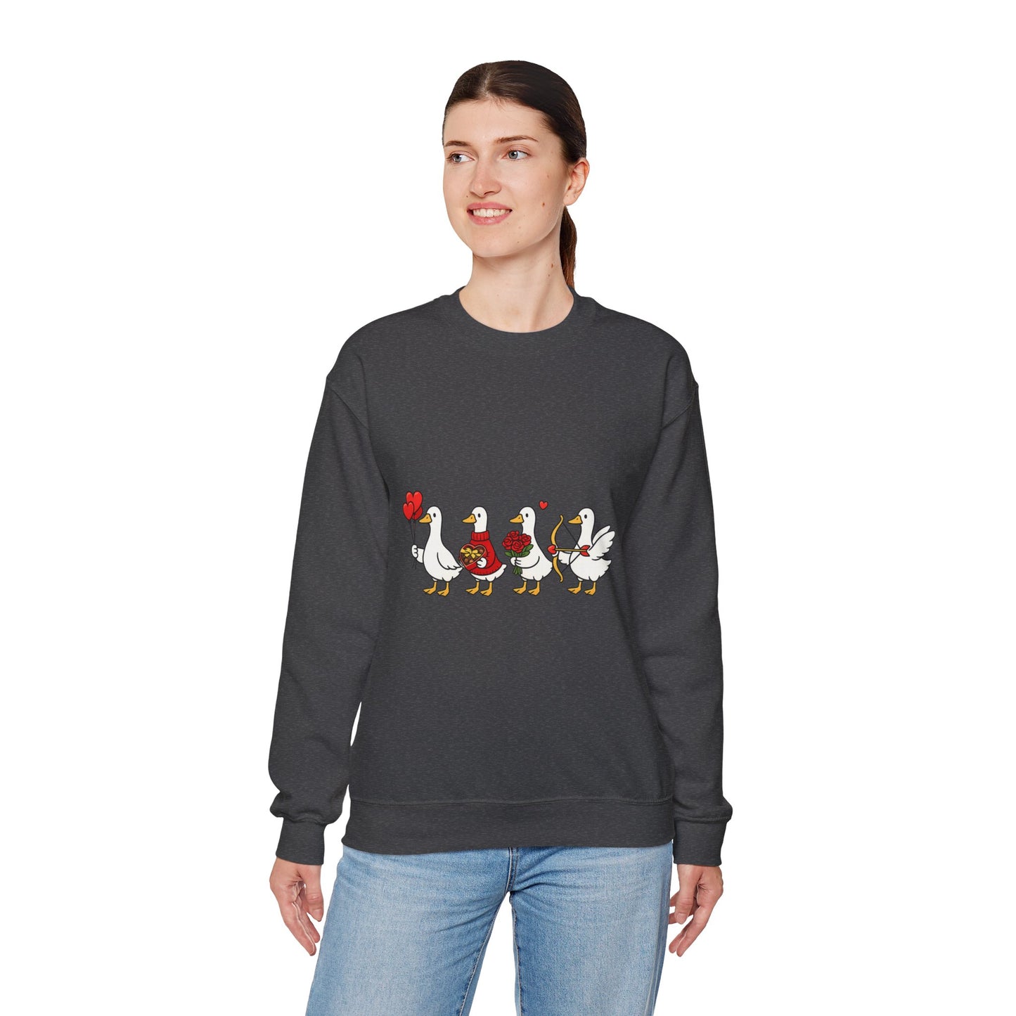 Geese Parade Crewneck Sweatshirt – Cute Valentine Ducks Holding Hearts Graphic