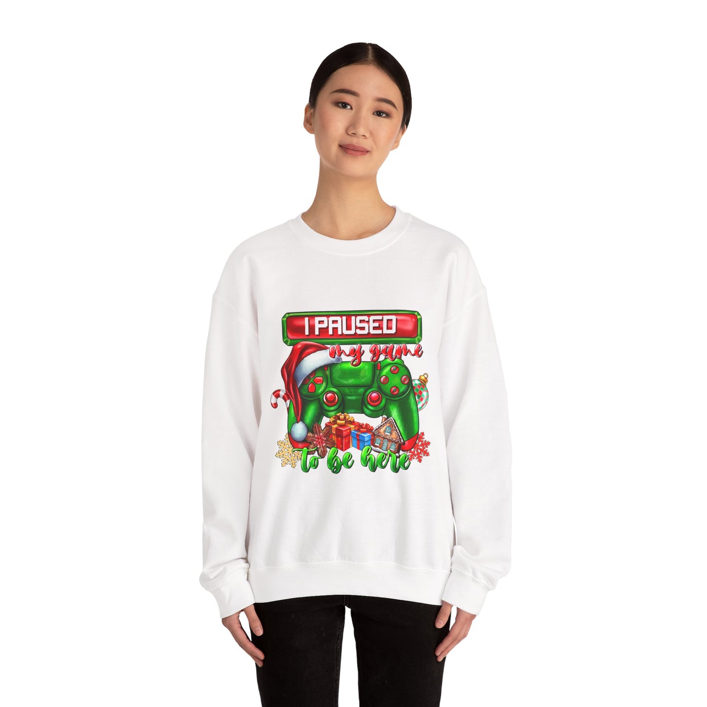 Gaming Christmas Sweatshirt — "I Paused My Game to Be Here" Controller Holiday Crewneck