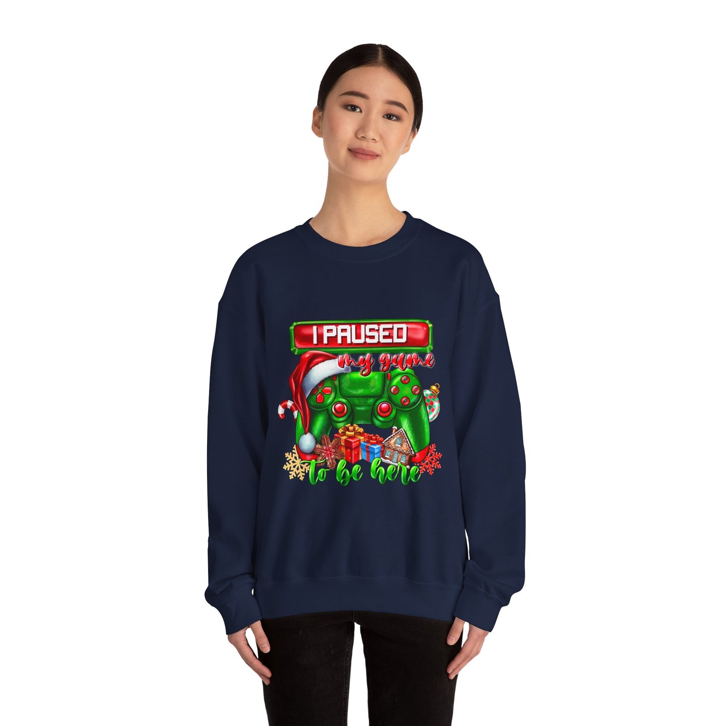 Gaming Christmas Sweatshirt — "I Paused My Game to Be Here" Controller Holiday Crewneck