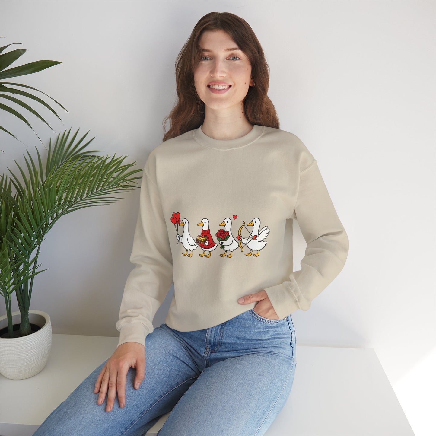 Geese Parade Crewneck Sweatshirt – Cute Valentine Ducks Holding Hearts Graphic
