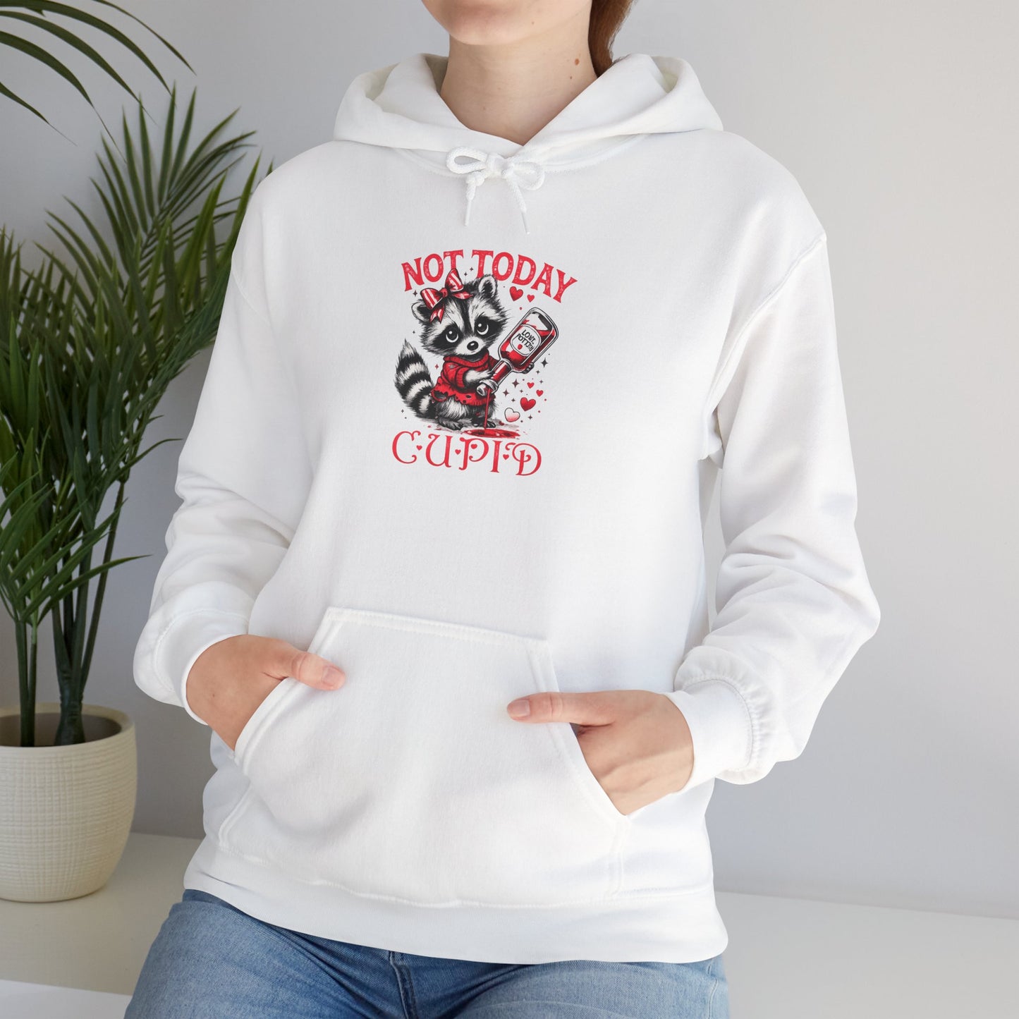 Not Today Cupido Raccoon Hoodie — Funny Valentine Anti-Love Sweatshirt