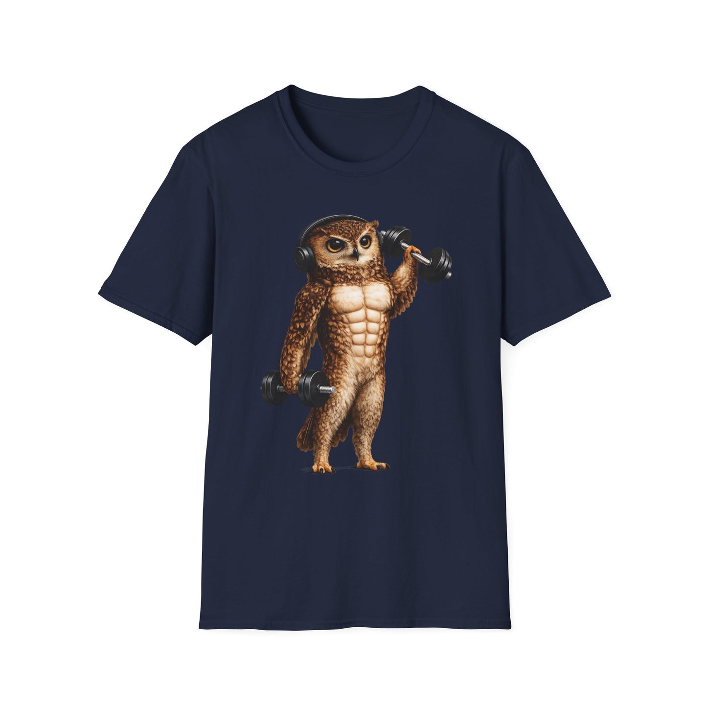 Fitness Owl T-Shirt — Muscular Owl Lifting Dumbbells Graphic Tee