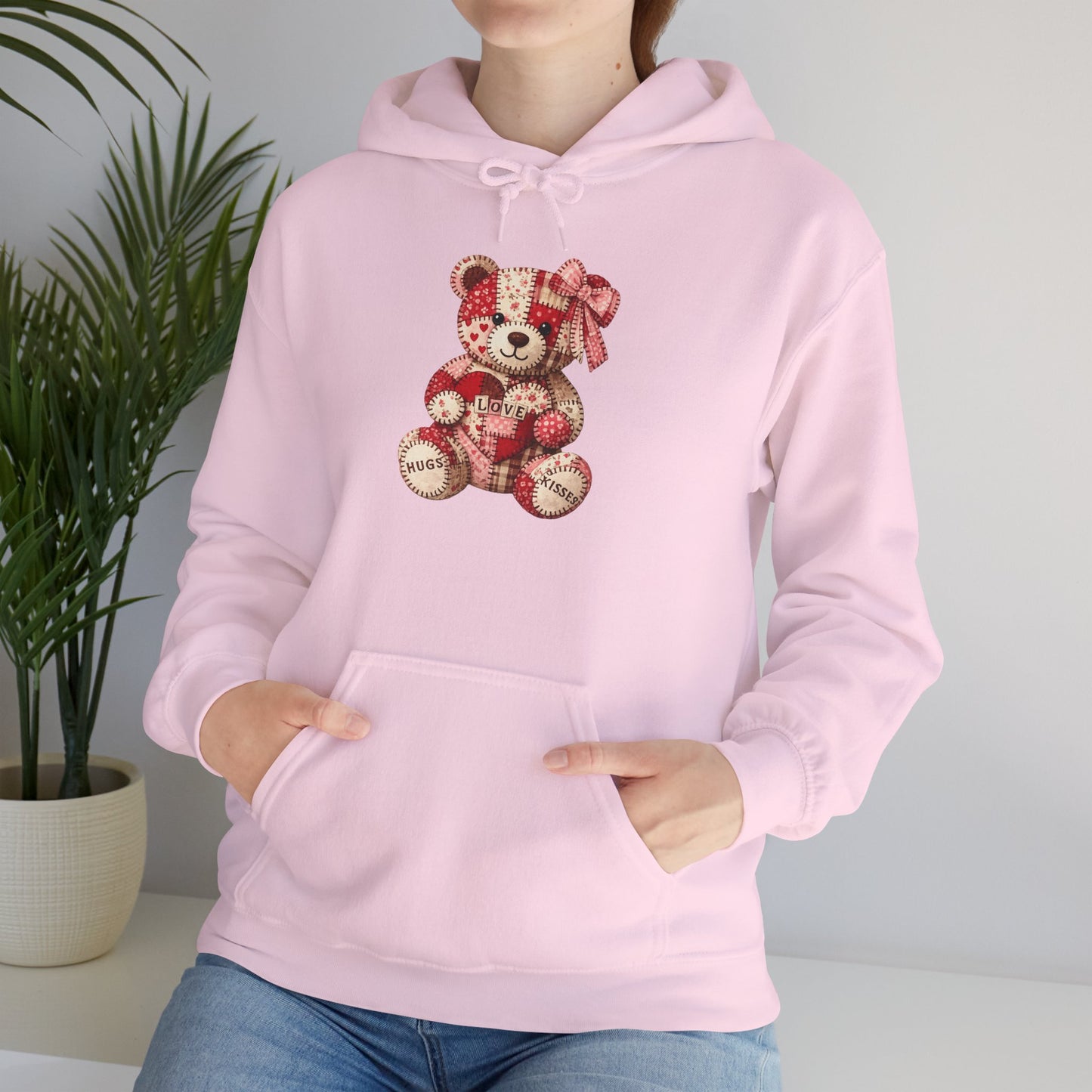 Teddy Bear Hoodie — Vintage Patchwork Bear Design with Bow