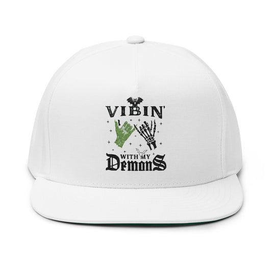 Vibin' with My Demons Flat Bill Cap, Cool Embroidered Hat, Gothic Aesthetic Accessory, Fashion Statement Hat, Great for Festivals, Gifts