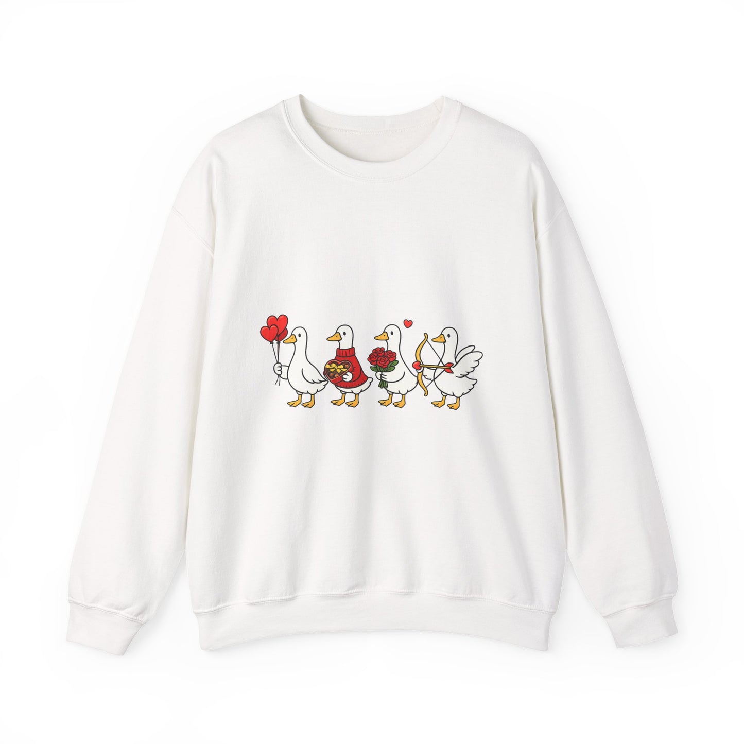 Geese Parade Crewneck Sweatshirt – Cute Valentine Ducks Holding Hearts Graphic