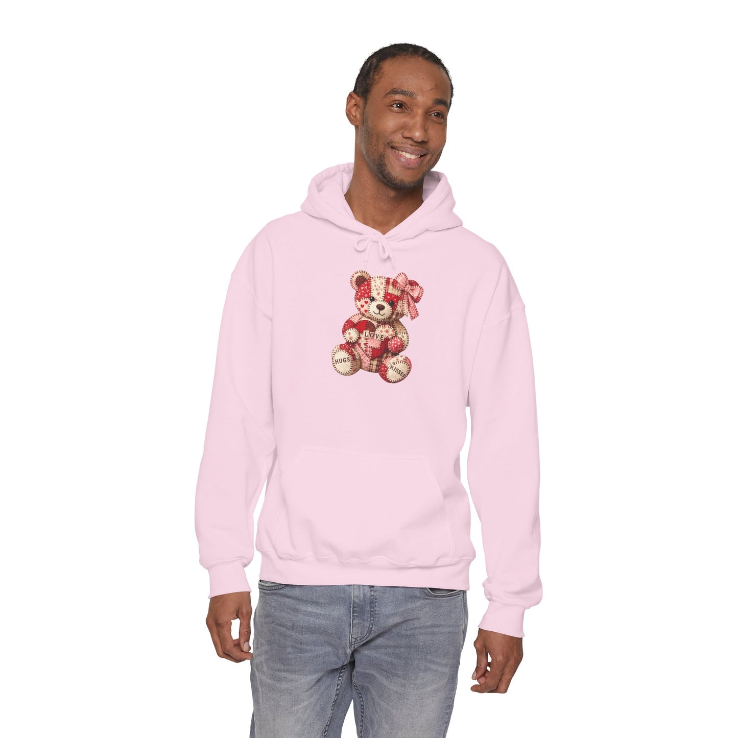 Teddy Bear Hoodie — Vintage Patchwork Bear Design with Bow