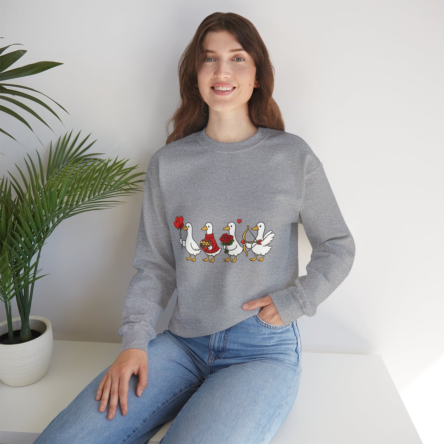 Geese Parade Crewneck Sweatshirt – Cute Valentine Ducks Holding Hearts Graphic