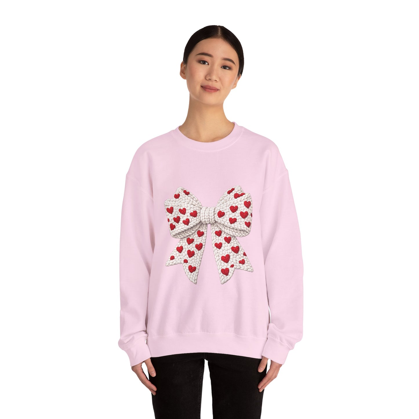 Crewneck Sweatshirt — Knit Heart Bow Graphic (Valentine’s Day, Cute Cozy Pullover)