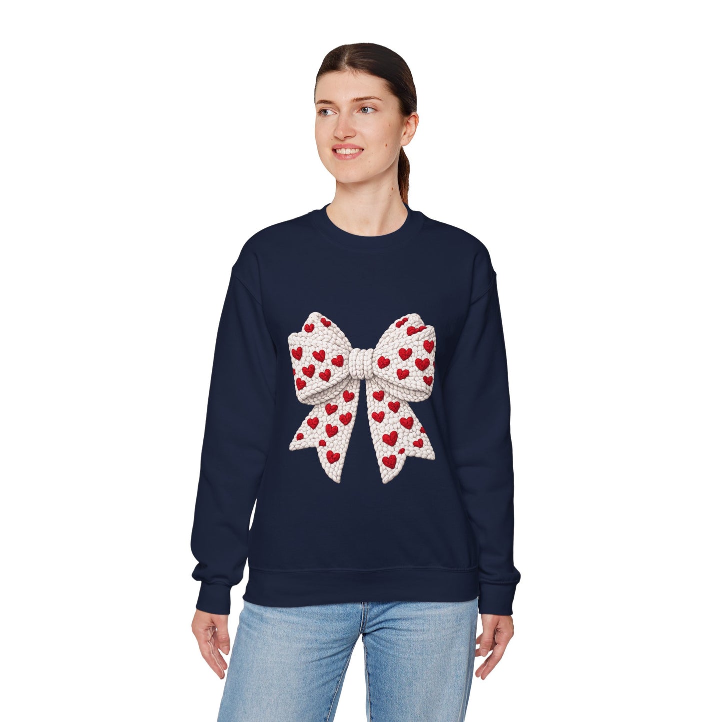 Crewneck Sweatshirt — Knit Heart Bow Graphic (Valentine’s Day, Cute Cozy Pullover)