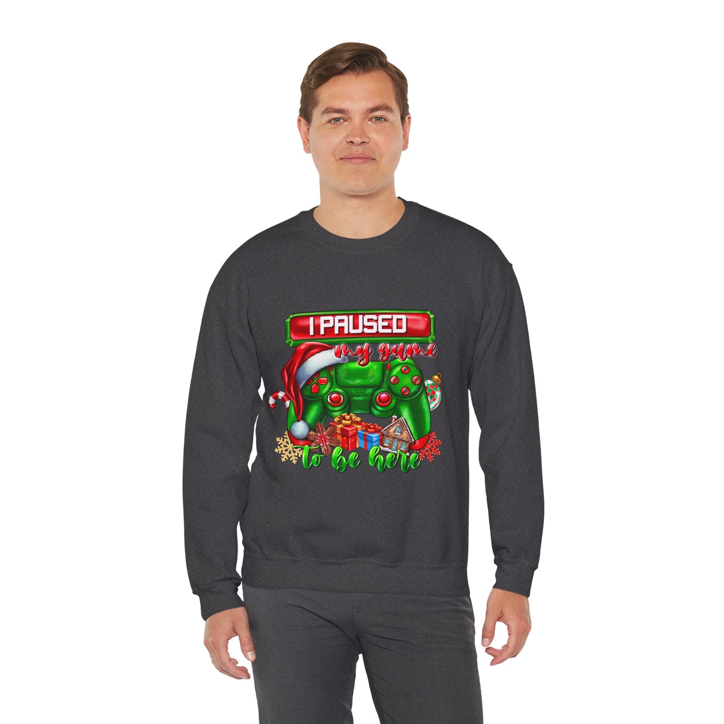 Gaming Christmas Sweatshirt — "I Paused My Game to Be Here" Controller Holiday Crewneck