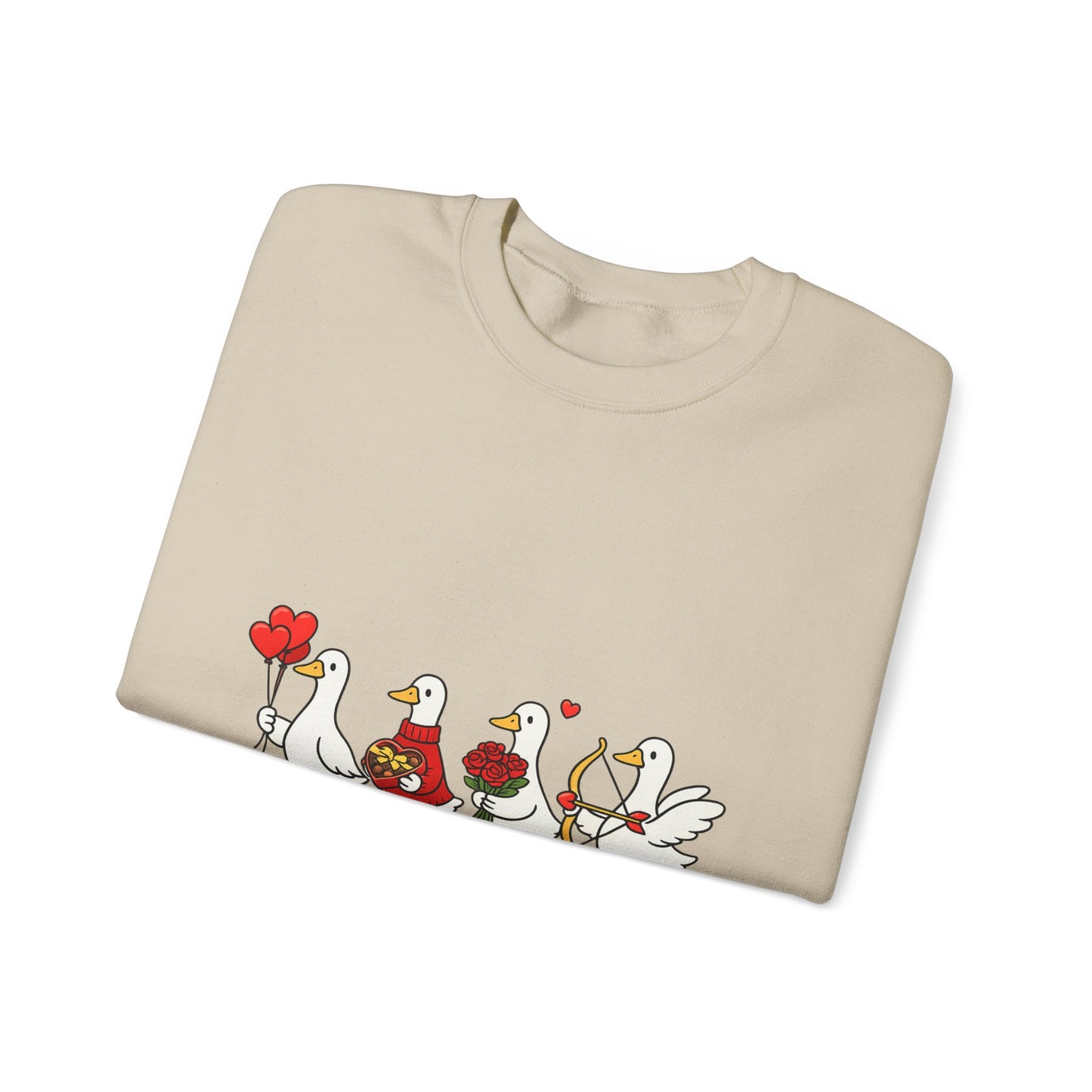 Geese Parade Crewneck Sweatshirt – Cute Valentine Ducks Holding Hearts Graphic