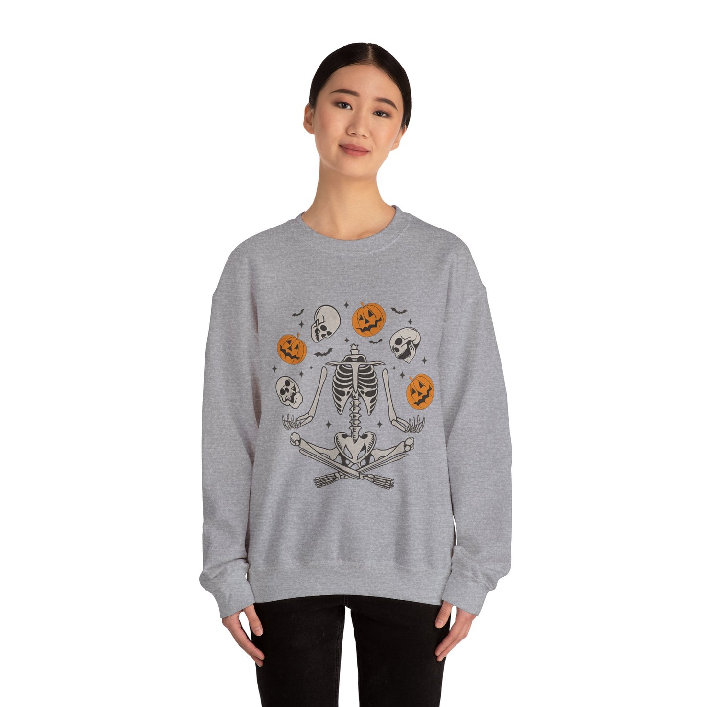 Halloween Skeleton Yoga Sweatshirt, Cute Autumn Apparel, Spooky Season Outfit, Unisex Cozy Crewneck, Gift for Halloween Lovers