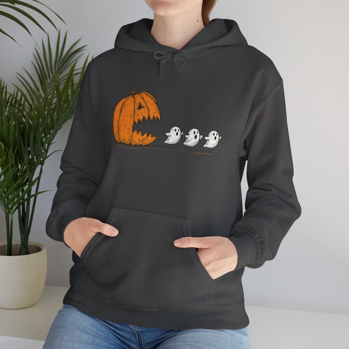 Spooky Ghosts & Pumpkin Hoodie - Unisex Heavy Blend Hoodie, Halloween Apparel, Cozy Fall Layer, Ghost Lovers Gift, Autumn Style