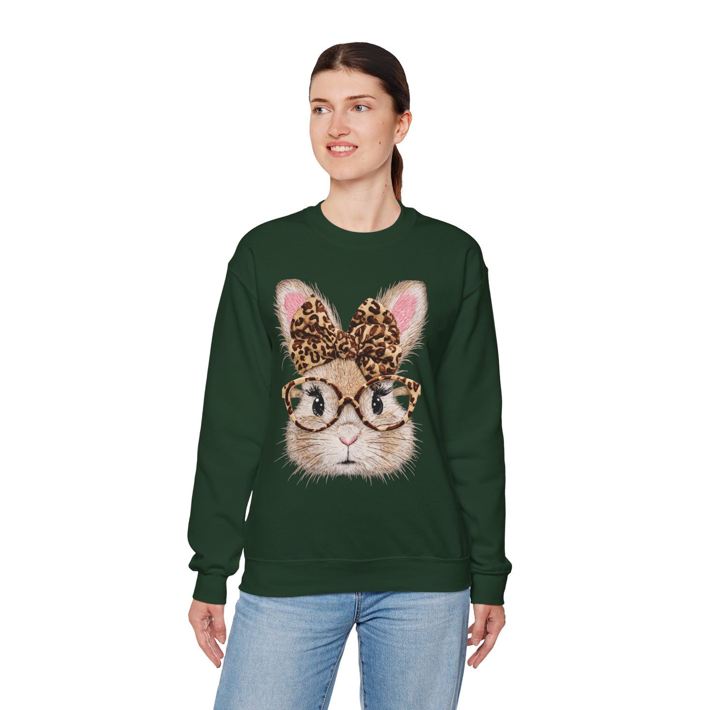 Bunny with Leopard Bow Sweatshirt – Cute Bunny Face with Glasses Graphic Crewneck