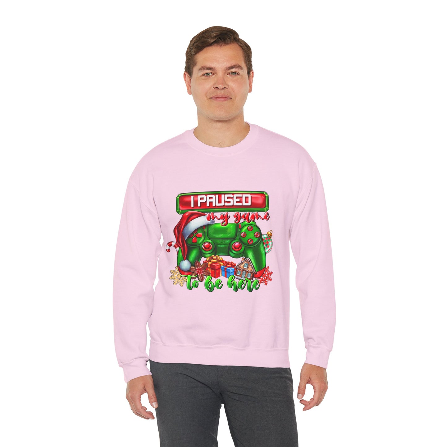 Gaming Christmas Sweatshirt — "I Paused My Game to Be Here" Controller Holiday Crewneck