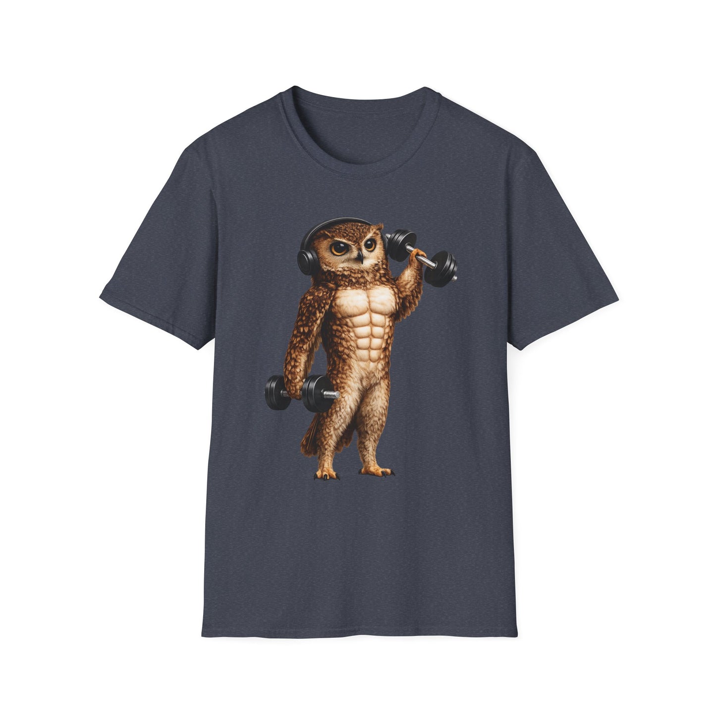 Fitness Owl T-Shirt — Muscular Owl Lifting Dumbbells Graphic Tee