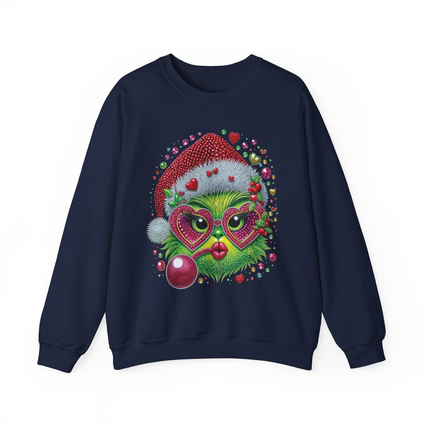 Christmas Grinch Cat Sweatshirt — Festive Santa Hat & Heart Sunglasses Holiday Crewneck