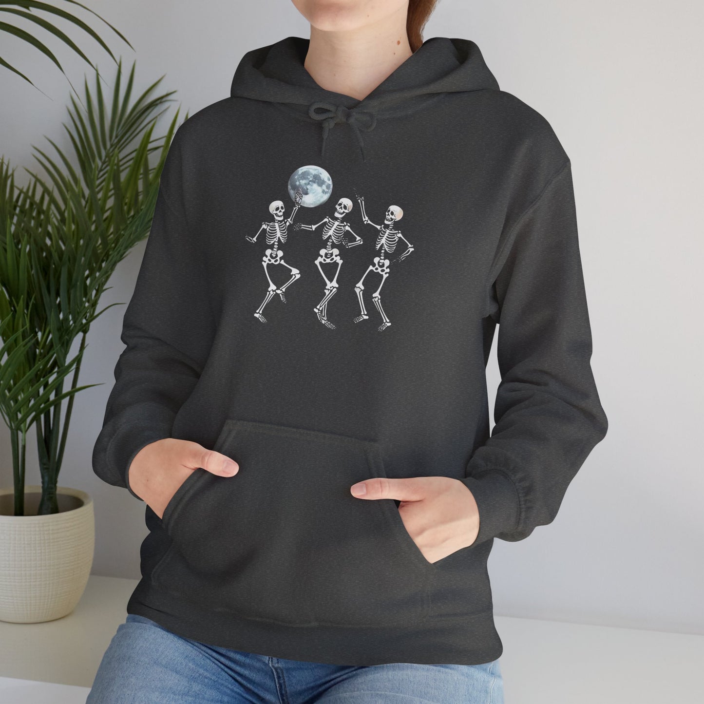 Spooky Friends Skeleton Dance Hoodie, Halloween Vibrant Artistic hoodie, Unisex Skeleton Warm Hoodie, Casual Halloween Apparel, Spooky Season Fashion