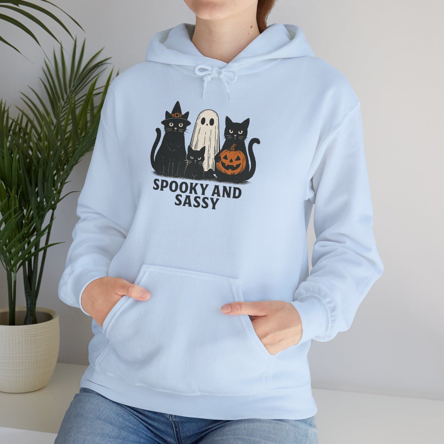Spooky and Sassy Hoodie, Halloween Hoodie, Unisex Fall Apparel, Cozy Cat Ghost Wear, Perfect for Fall Festivities