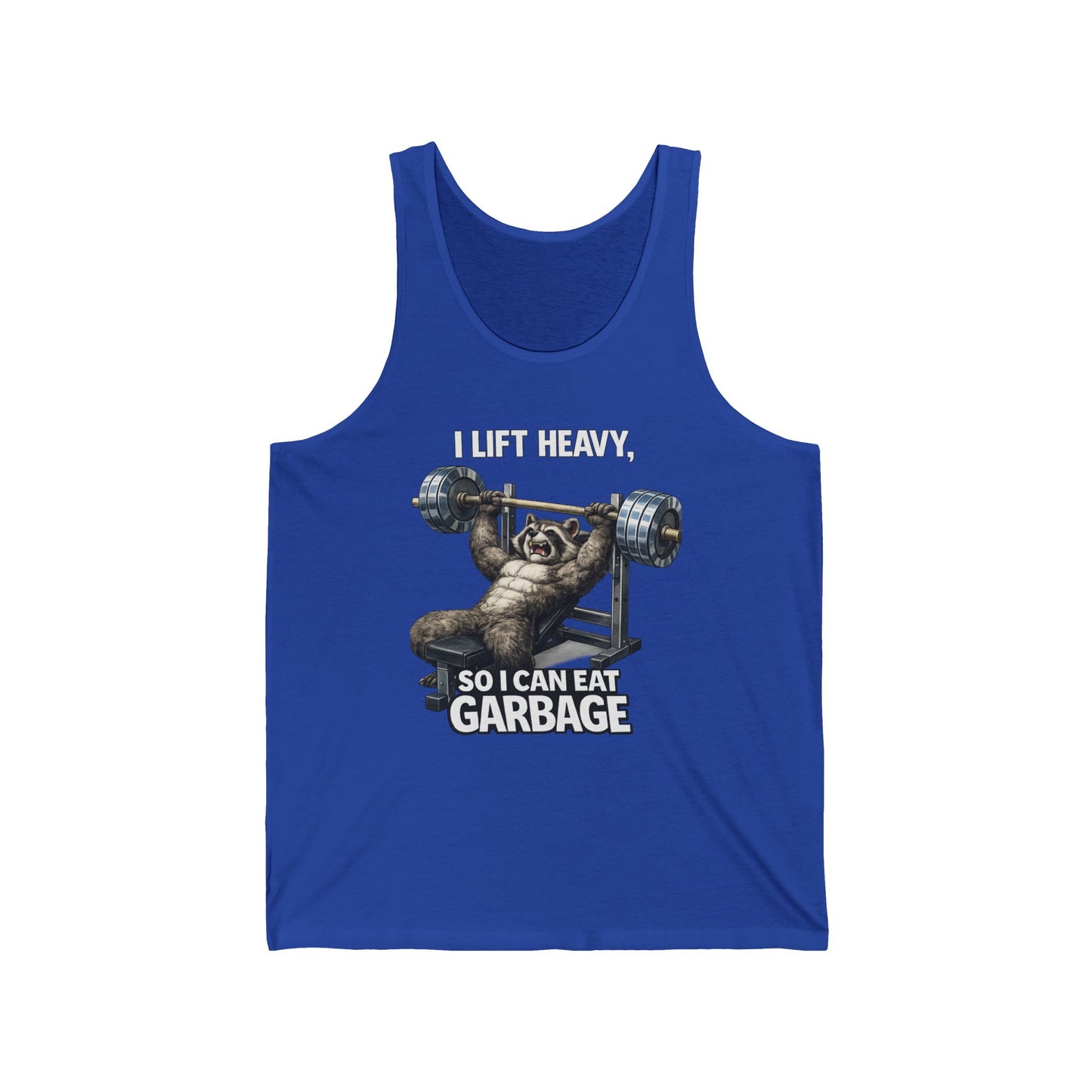 Tank Top — "I Lift Heavy So I Can Eat Garbage" Funny Raccoon Weightlifting Gym Tank