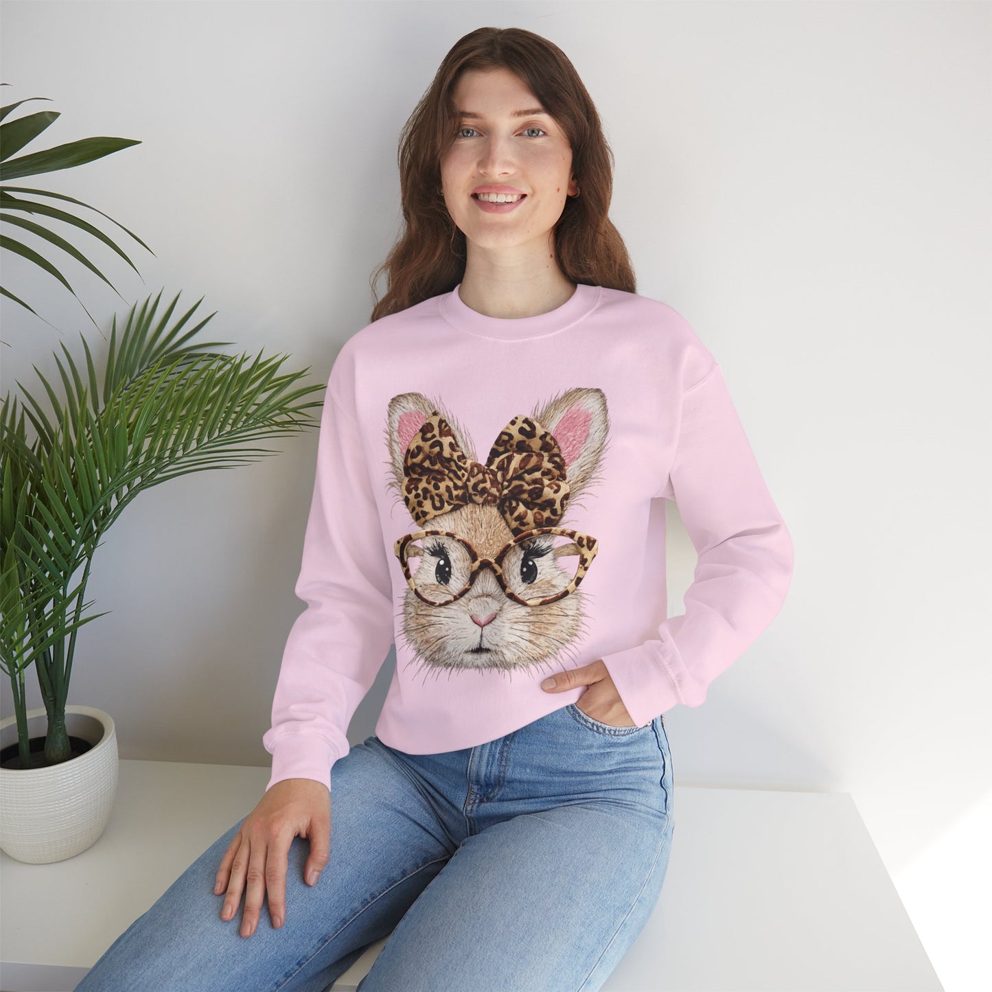 Bunny with Leopard Bow Sweatshirt – Cute Bunny Face with Glasses Graphic Crewneck